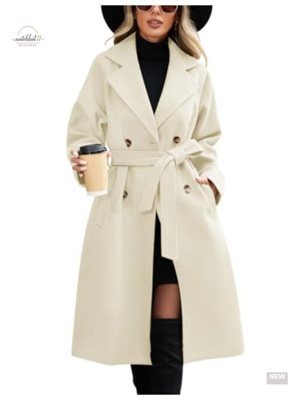 Notch Lapel Double Breasted Long Pea Coat with Belt Elegant